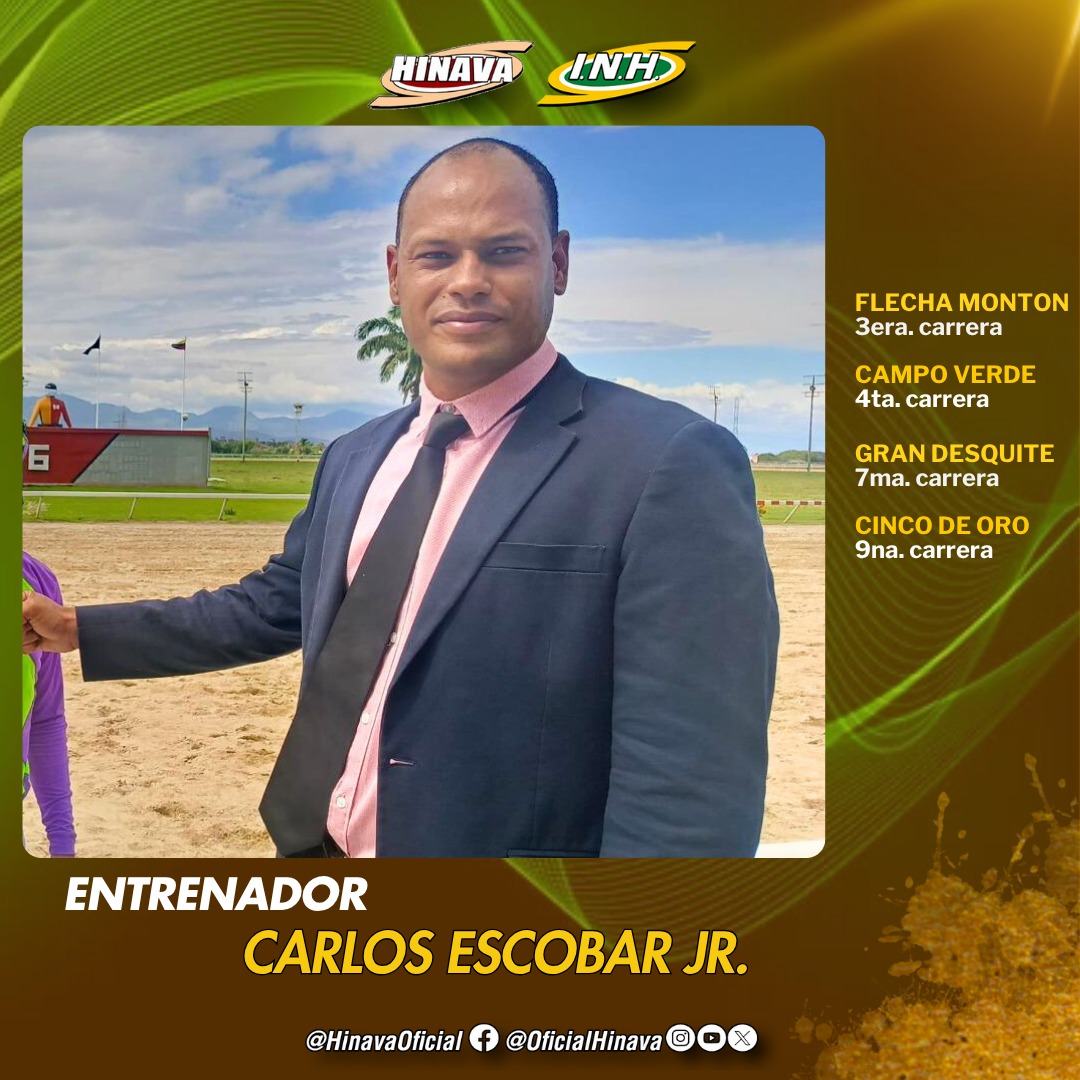 El entrenador, Carlos Escobar Jr. tendrá 4️⃣ presentados en la reunión 15 de este sábado en el Hipódromo Nacional de Valencia🐴. 

Participará en el Clásico "Natalicio del Libertador" con la yegua "Flecha Montón". 

 ¡Sella tu 5y6! 

#Hipismo