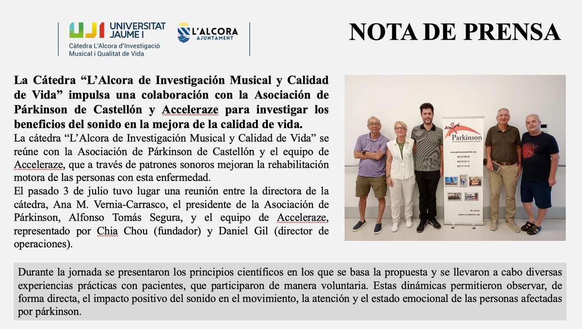 La Cátedra “L’Alcora de Investigación Musical y Calidad de Vida” impulsa una colaboración con la Asociación de Párkinson de Castellón y Acceleraze para investigar los beneficios del sonido en la mejora de la calidad de vida.
La cátedra “L’Alcora de Investigación Musical y …