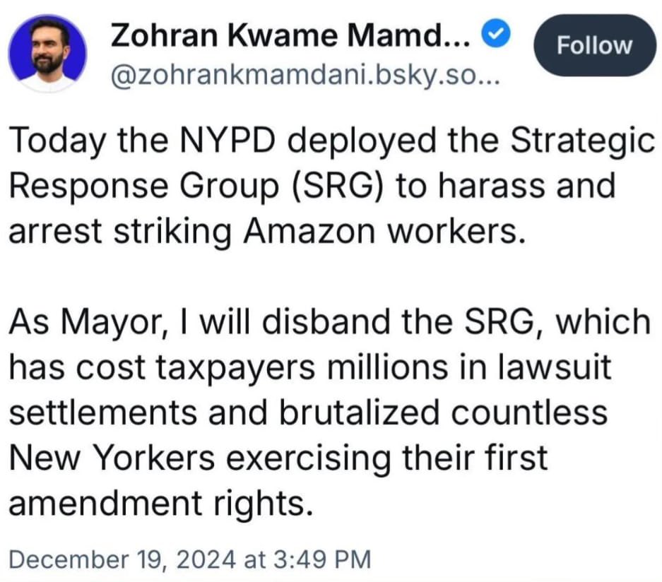 Last night, the SRG and dozens of NYPD officers ran into danger when a madman slaughtered a police officer and innocent lives on Park Ave. Yet Mamdani wants to abolish this elite unit. 

This is why we MUST win on November 4th — we have to hire more cops, and more importantly,