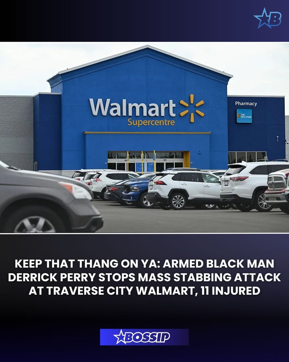 Traverse City Walmart mass stabbing attack was ended by an armed Black man and former Marine named Derrick Perry

More on #BOSSIP.com —&gt; bit.ly/44Tm1Iv
📸: NurPhoto / Getty