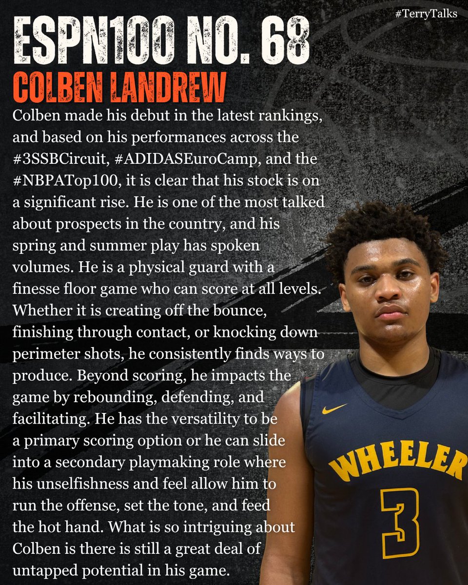 🚨 #TerryTalks 🚨

Colben Landrew
ESPN100 No. 68

ESPN Scouting Profile ➡️ insider.espn.com/college-sports…

#PaulBiancardi #ESPN #ESPNRankings <a href="/PaulBiancardi/">Paul Biancardi</a> <a href="/SCNext/">SportsCenter NEXT</a> @ESPN <a href="/colben_landrew/">Colben Landrew</a> <a href="/gameeliteatl/">Gameelitebasketball</a> <a href="/WheelerHoops/">Wheeler HS (GA)</a> <a href="/Ani_Umana/">Ani Umana</a> #3SSB #AdidasBasketball @AdidasHoops <a href="/3SSBCircuit/">3Stripes Select Basketball</a>