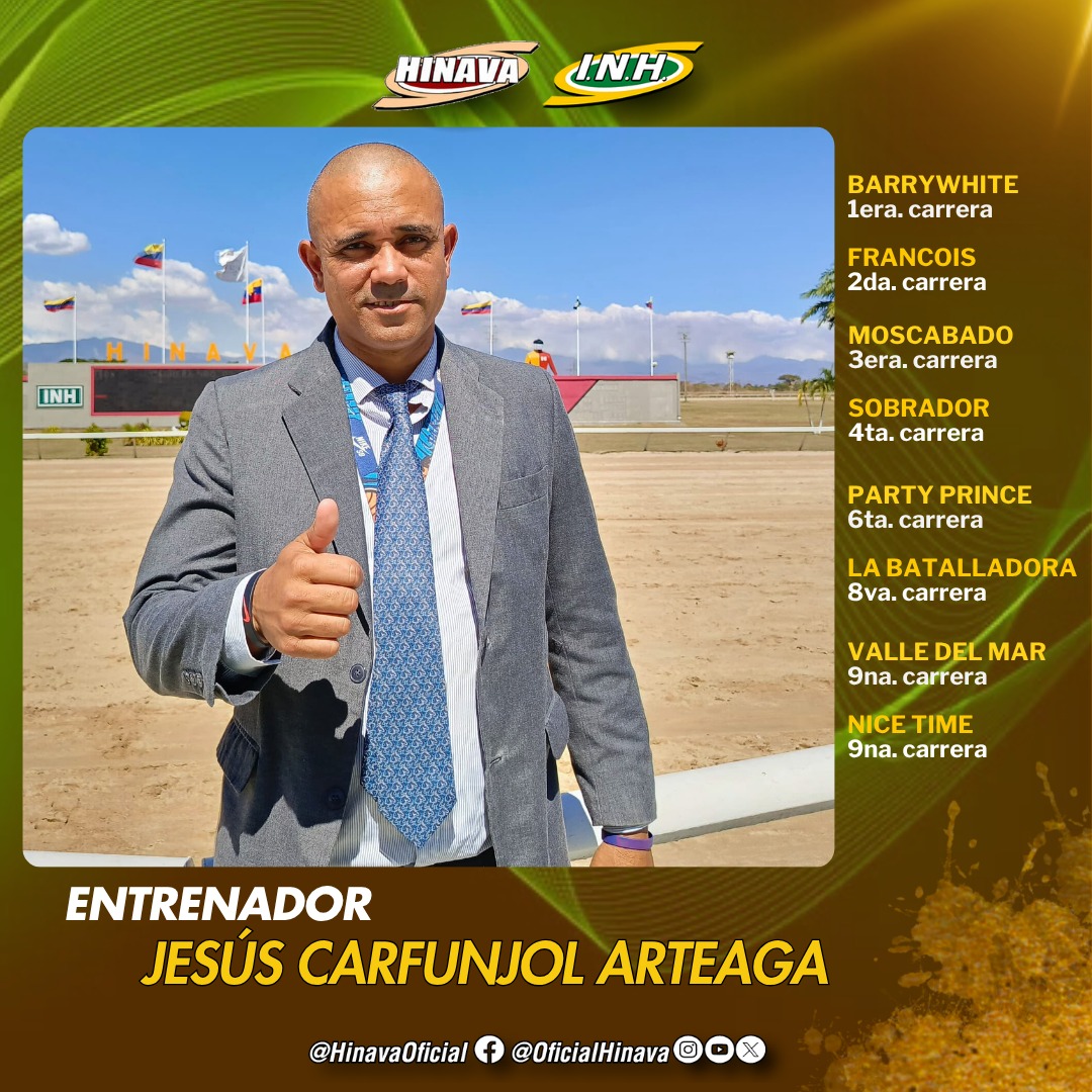 El entrenador, Jesús Carfunjol Arteaga tendrá 8️⃣ presentados en la reunión 15 de este sábado en el Hipódromo Nacional de Valencia🐴. 

Participará en el Clásico "Natalicio del Libertador" con el caballo "Moscabado". 

 ¡Sella tu 5y6! 

#Hipismo