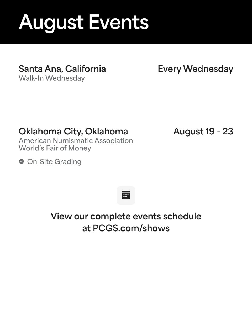 📍 Meet us in Oklahoma or at our headquarters this month to submit your coins and banknotes to us in-person.

Visit pcgs.com/shows to find us near you.