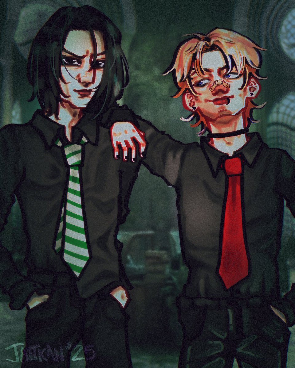 6th year sev refusing to wear a red tie because he "won't wear anything red!" and 5th year rafien living to annoy the living hell out of him 🧍🏻🤩 (i wonder who took the photo)

#Ocxcanon #ocxcc #SeverusSnape #snape #snapetwt #severus #HarryPotter #hp #fanart #art #digitalart