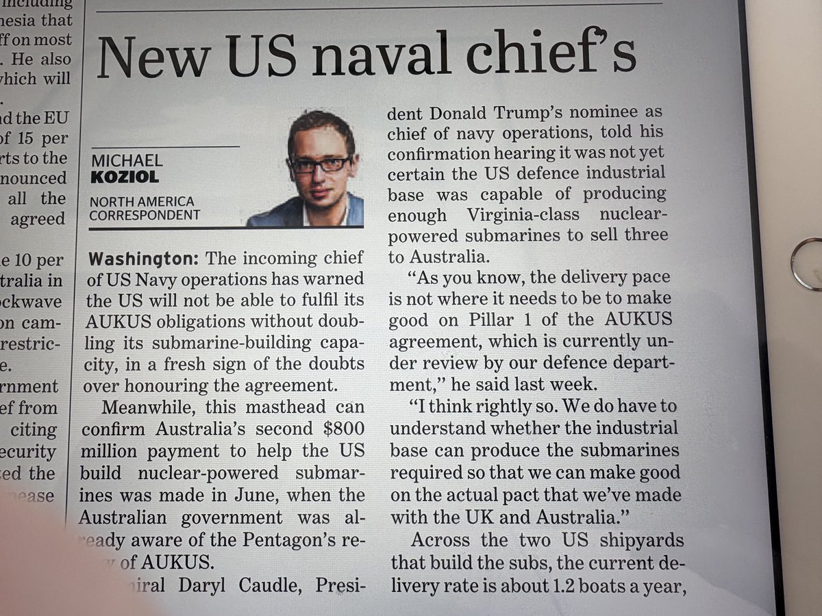 Before Australia spends one more $ on AUKUS it is imperative Defence Minister ⁦<a href="/RichardMarlesMP/">Richard Marles</a>⁩ publishes the contract fine print guaranteeing that our Defence Department will receive/operate these nuclear  powered submarines. ⁦<a href="/michaelkoziol/">Michael Koziol</a>⁩ 👇
