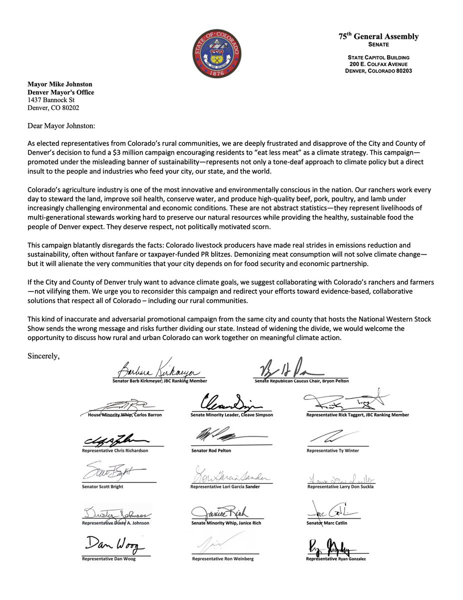 The City of Denver just used $3 million in taxpayer dollars to push a radical agenda telling people to stop eating meat.

This is a direct insult to Colorado’s ranchers, farmers, and ag families who work hard every day to feed this state and the nation.

Denver should be working