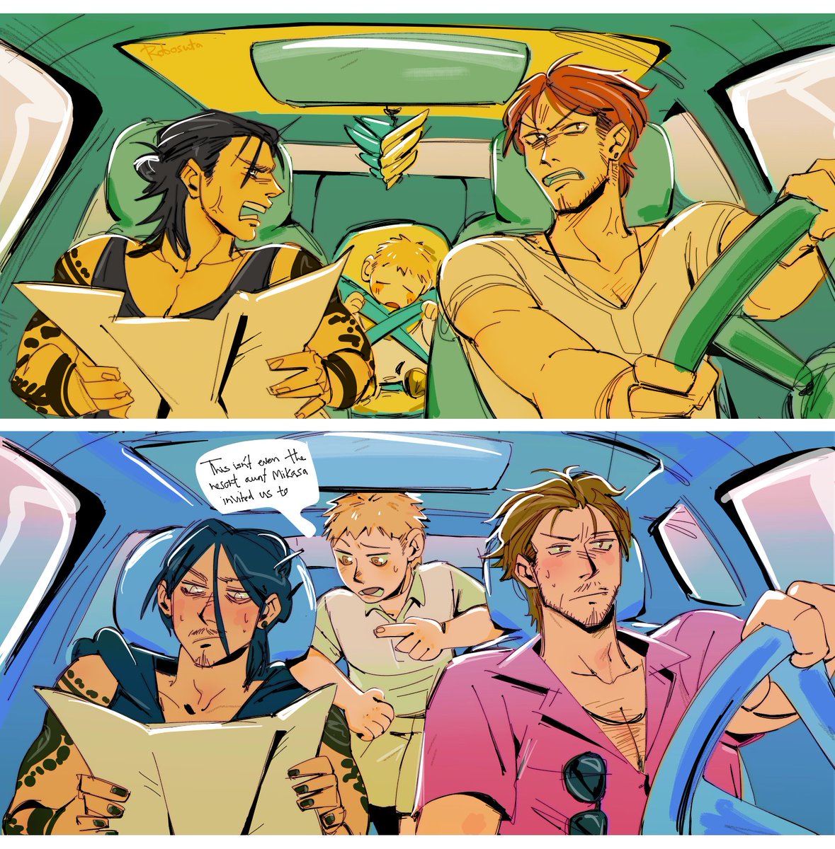 robosuta's tweet image. 🌻 #EreJeanWeek2025 Day 2 : Summer Road Trips 
I like to think they both suck at traveling and always end up arriving when the day is over
#EreJeanWeek2025 #erejean #falcogrice @EJweeks25