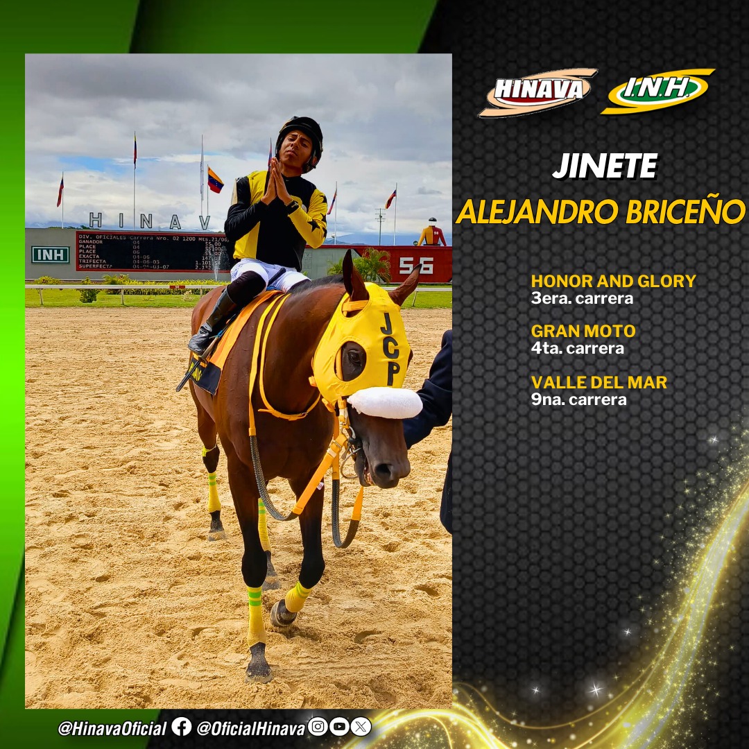 El jinete profesional, Alejandro Briceño tendrá 3️⃣ compromisos de montas para la reunión 15 de este sábado en el Hipódromo Nacional de Valencia🐴. 

🏆 Participará en el Clásico "Natalicio del Libertador" , con el caballo "Honor And Glory".

#Hipismo