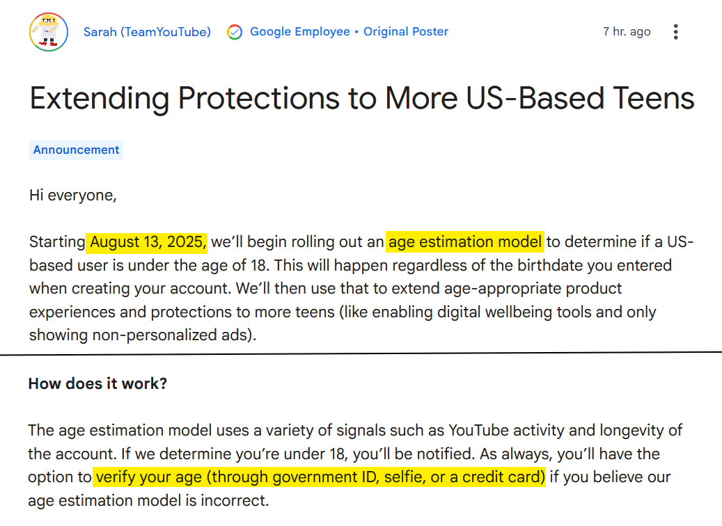 LittleshyFiM's tweet image. Heads up: YouTube's "Made for Kids 2.0" is coming next month

In theory, restricting child accounts instead of punishing creators is exactly what we need. However, requiring ID to use YT is exactly the bad solution I feared. Also, it's AI. We all know how poorly that's gonna work