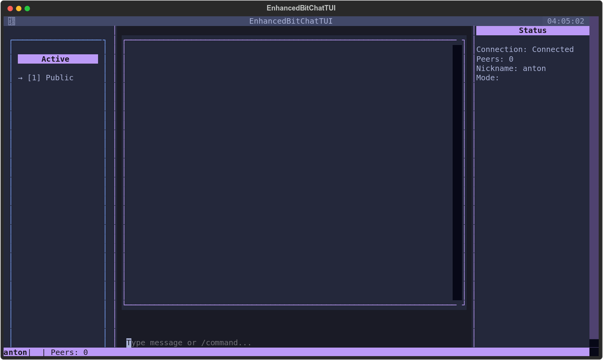 Working on a bitchat tui client written in Python and <a href="/textualizeio/">textualize.io</a>
