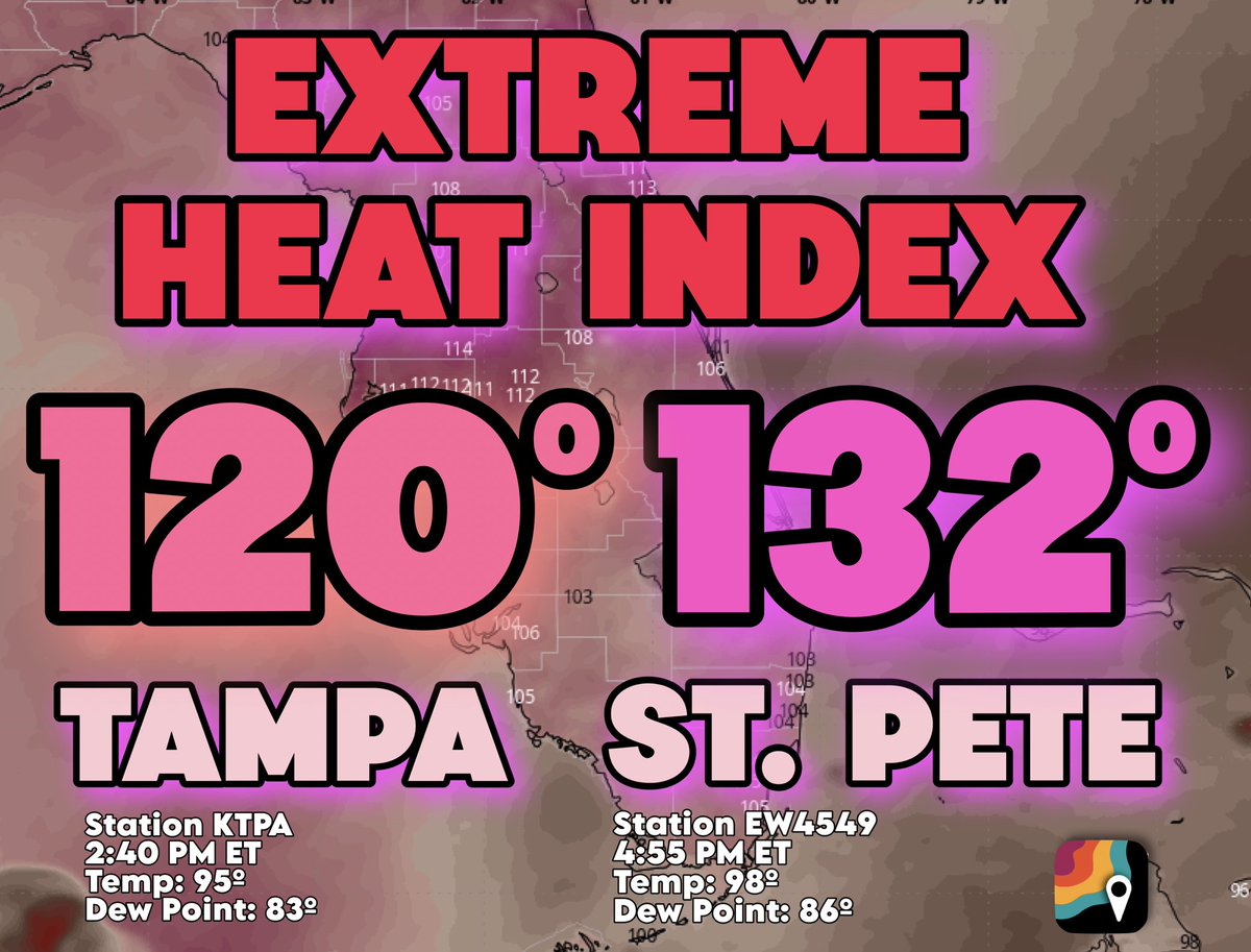 MyRadar Weather (@myradarwx) on Twitter photo INCREDIBLE, record heat index values in Florida! Temperatures in the mid to upper 90s are combining with extreme tropical humidity to lead to heat index values of 115º to 132º in Florida!
In Tampa, that's a record heat index. For St. Pete, <a href="/MatthewCappucci/">Matthew Cappucci</a> found a station INCREDIBLE, record heat index values in Florida! Temperatures in the mid to upper 90s are combining with extreme tropical humidity to lead to heat index values of 115º to 132º in Florida!
In Tampa, that's a record heat index. For St. Pete, <a href="/MatthewCappucci/">Matthew Cappucci</a> found a station