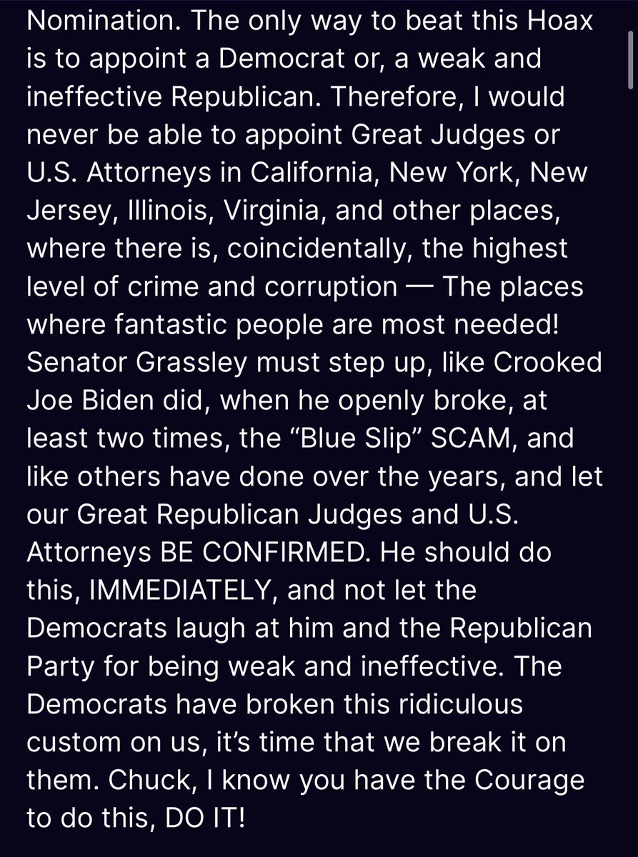 And there it is — Trump calls for the end of the Senate blue slip process for both judges and attorneys. Often viewed as one of the last vestiges of bipartisanship in the chamber. 

Trump is calling it a “hoax.”