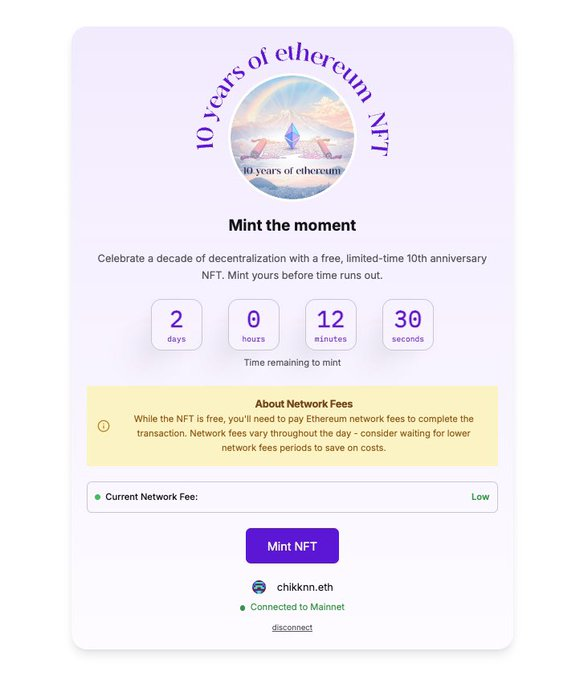 TheVictorBuilds's tweet photo. #Gấp

Mint NFT kỉ niệm 10 năm $ETH nhé ae

Ethereum đang có NFT kỷ niệm 10 năm hoạt động, anh em vào mint miễn phí:
🔗 Mint: https://t.co/reDRiZ7oB6
⏰ Còn lại hơn 1 ngày nữa thôi nhé ae