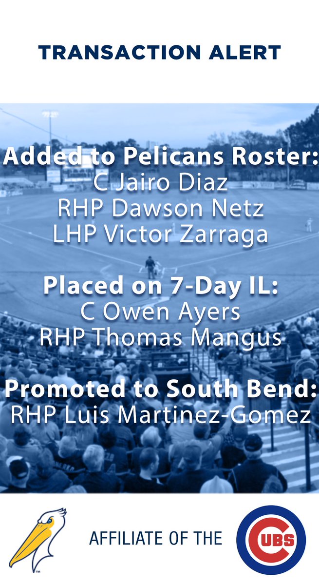 Pelicanbaseball's tweet image. In conjunction with the Cubs, the Pelicans have announced the following roster moves: 

C Jairo Diaz , RHP Dawson Netz and LHP Victor Zarraga added to roster.

C Owen Ayers and RHP Thomas Mangus placed on 7-Day IL.

RHP Luis Martinez-Gomez promoted to High-A South Bend.