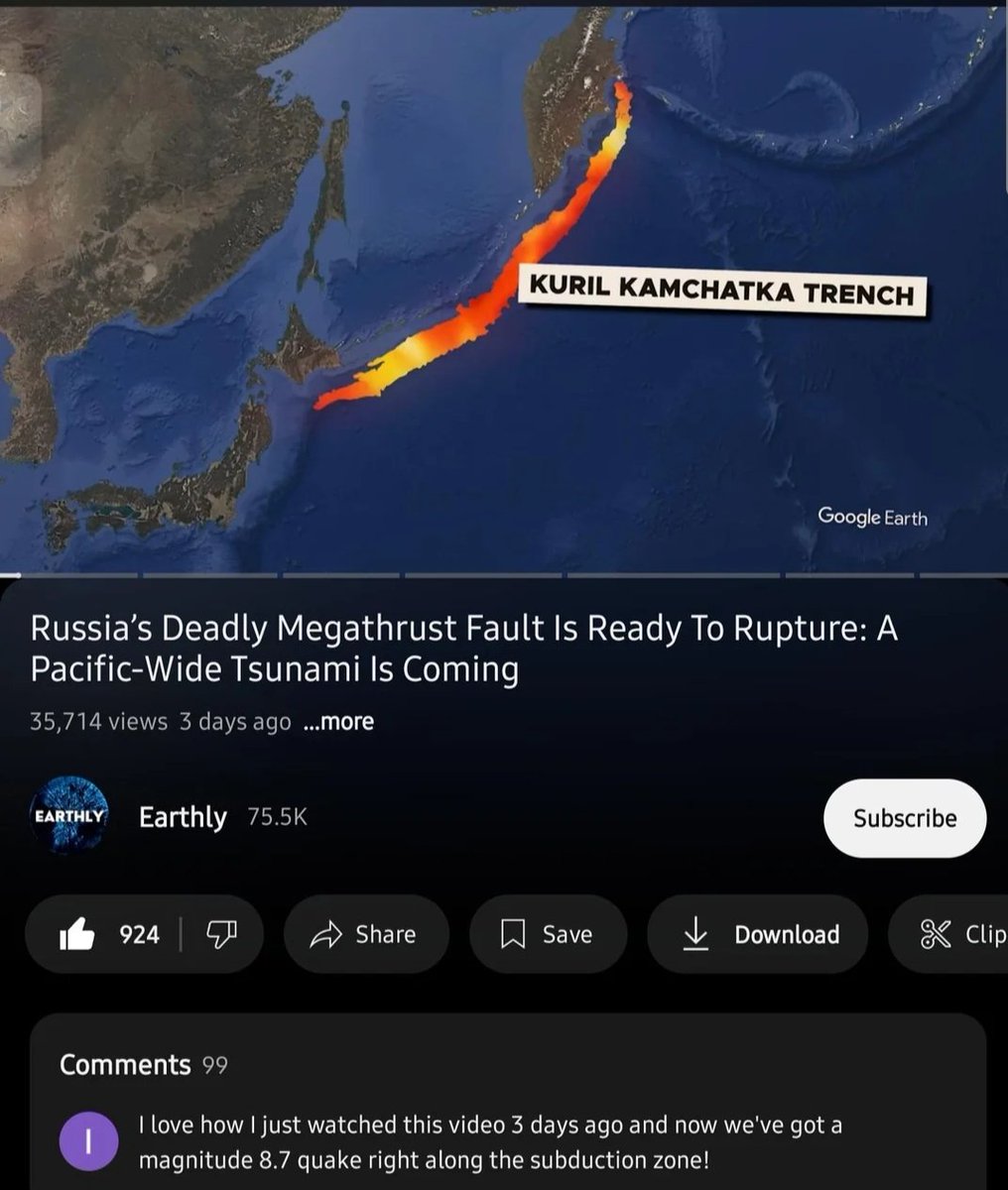 YouTube channel Earthly predicted (discussed the probability of) the Russian earthquake 3 days ago👀

#earthquake
#Tsunami