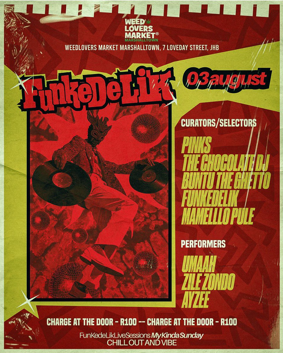 FunkeDeLik Sundays – My Kinda Sunday

The groove continues this Sunday with another Funked-Up Sunday Session curated by;
Pinks
The Chocolate DJ
Buntu the Ghetto, 
FunKeDeLiK
Mamello Pule.

 Expect deep cuts, soulful blends, broken beats &amp; rare grooves.