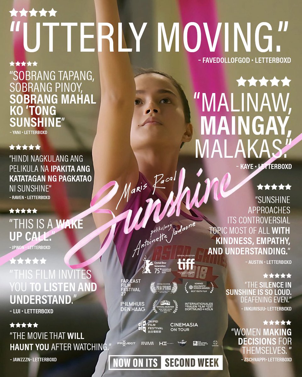 MARAMING SALAMAT! Dahil sa inyo, 2nd week na si Sunshine! 🥹
Kaya naman ang mga review? Siksik sa feels.
“Utterly moving.” “Haunting.” “Wake-up call.”
Ikaw, anong review mo sa Sunshine? Comment mo na dito!!

#SunshineMovie #GetsKoNa #SunshineMovieAtSMCinemas #SMCinema #marisracal