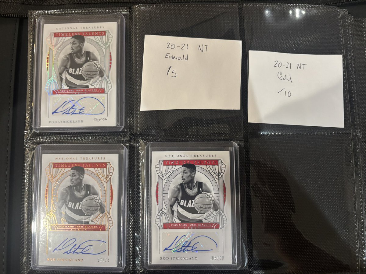 This is always a longshot but looking to finish some Rod Strickland Rainbows if anyone sees any of these at The National 

22-23 Mosaic Pictographs Black 1/1
14-15 Elite Auto Black 1/1, Gold /10
20-21 NT Timeless Talents Emerald /5, Gold /10

RT appreciated!