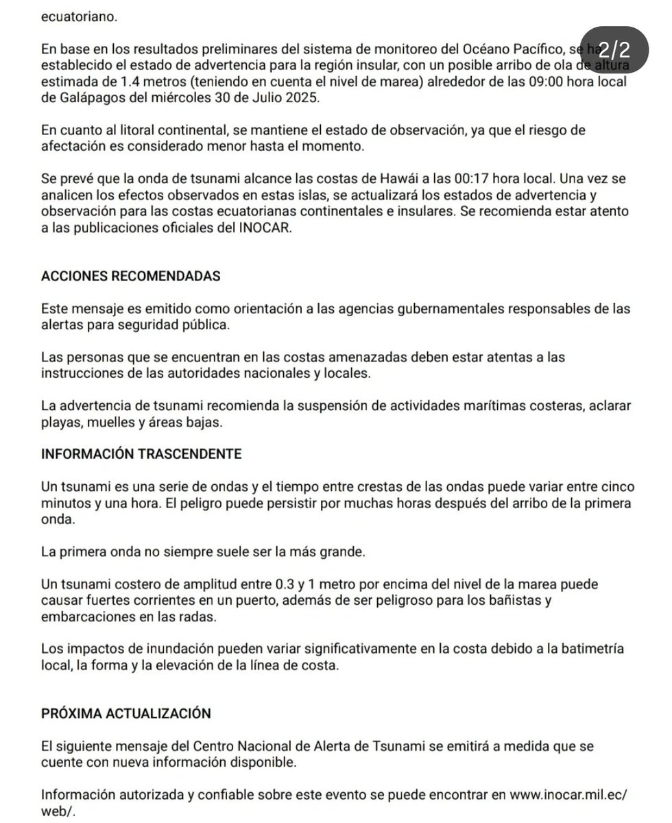 La Armada del Ecuador informa al país sobre el posible Tsunami en costas Ecuatorianas.
#URGENTE #Tsunami #Galapagos