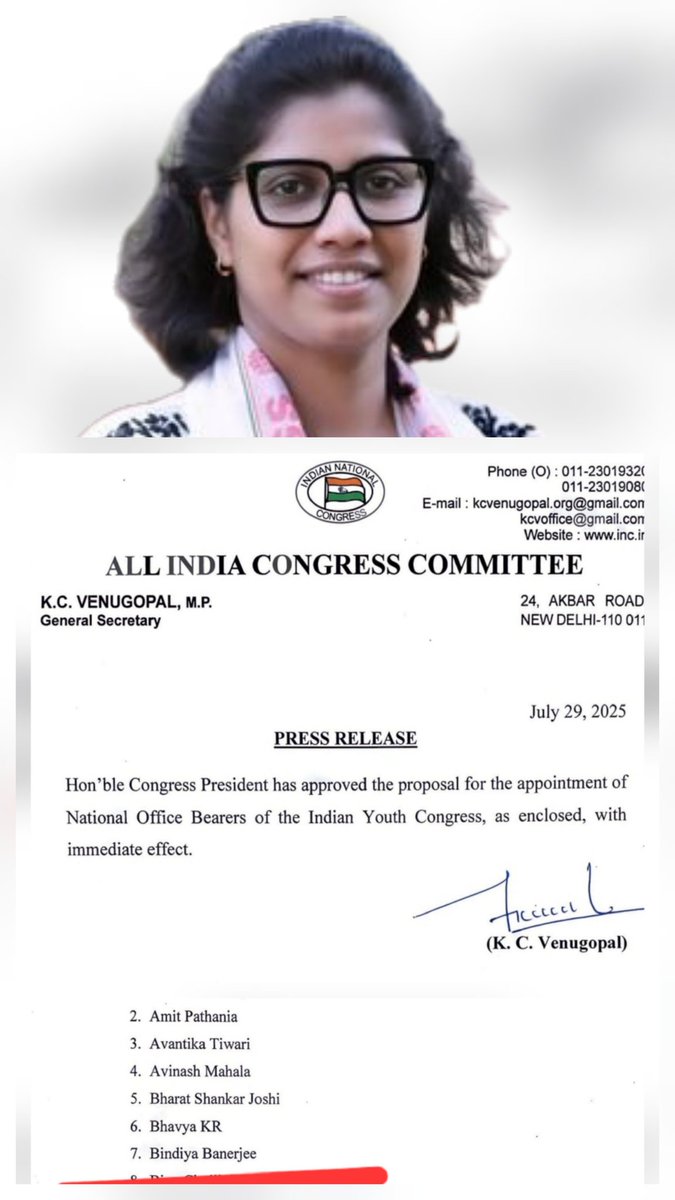 "Huge congrats to <a href="/Bindiya/">Bindiya</a> on becoming the 1st National Secretary of Indian National Youth Congress from Andaman &amp; Nicobar Islands! Your dedication &amp; leadership will inspire &amp; empower youth. Wishing you all the best! #YouthCongress #CongressParty"