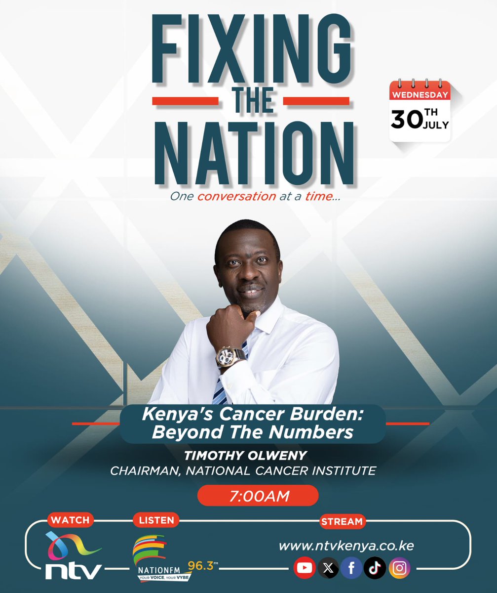 NTV Kenya (@ntvkenya) on Twitter photo Kenya's cancer burden: Beyond the numbers with Timothy Olweny, Chair, National Cancer Institute.
7 AM on #FixingTheNationNTV
Livestream:youtube.com/watch?v=74t097……
<a href="/OfficialJMbugua/">JM Media</a> <a href="/EricLatiff/">Eric Latiff</a> <a href="/MariamBishar/">Nomadic Panda 🐼</a> <a href="/NationFmKE/">Nation FM</a> Kenya's cancer burden: Beyond the numbers with Timothy Olweny, Chair, National Cancer Institute.
7 AM on #FixingTheNationNTV
Livestream:youtube.com/watch?v=74t097……
<a href="/OfficialJMbugua/">JM Media</a> <a href="/EricLatiff/">Eric Latiff</a> <a href="/MariamBishar/">Nomadic Panda 🐼</a> <a href="/NationFmKE/">Nation FM</a>