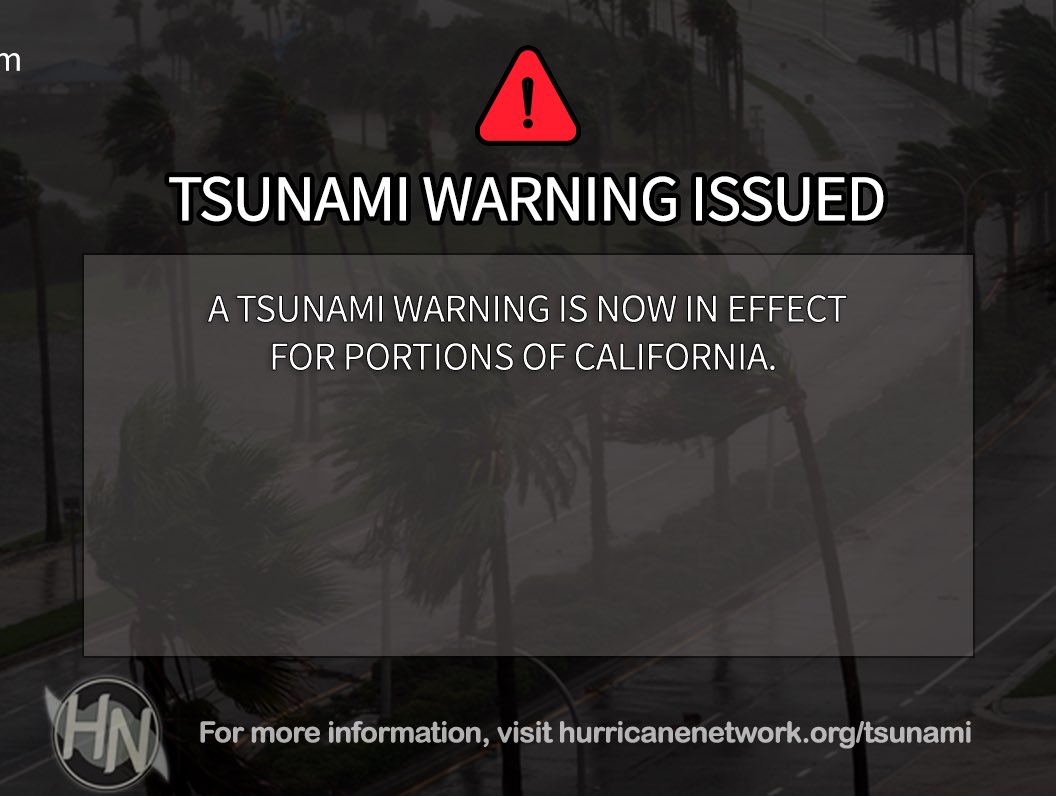 ALERT: #Tsunami Warning now in effect for portions of California. 

Based on new information, a Tsunami Warning is now in effect between Cape Mendocino to the Oregon border. 

Seek higher ground immediately!