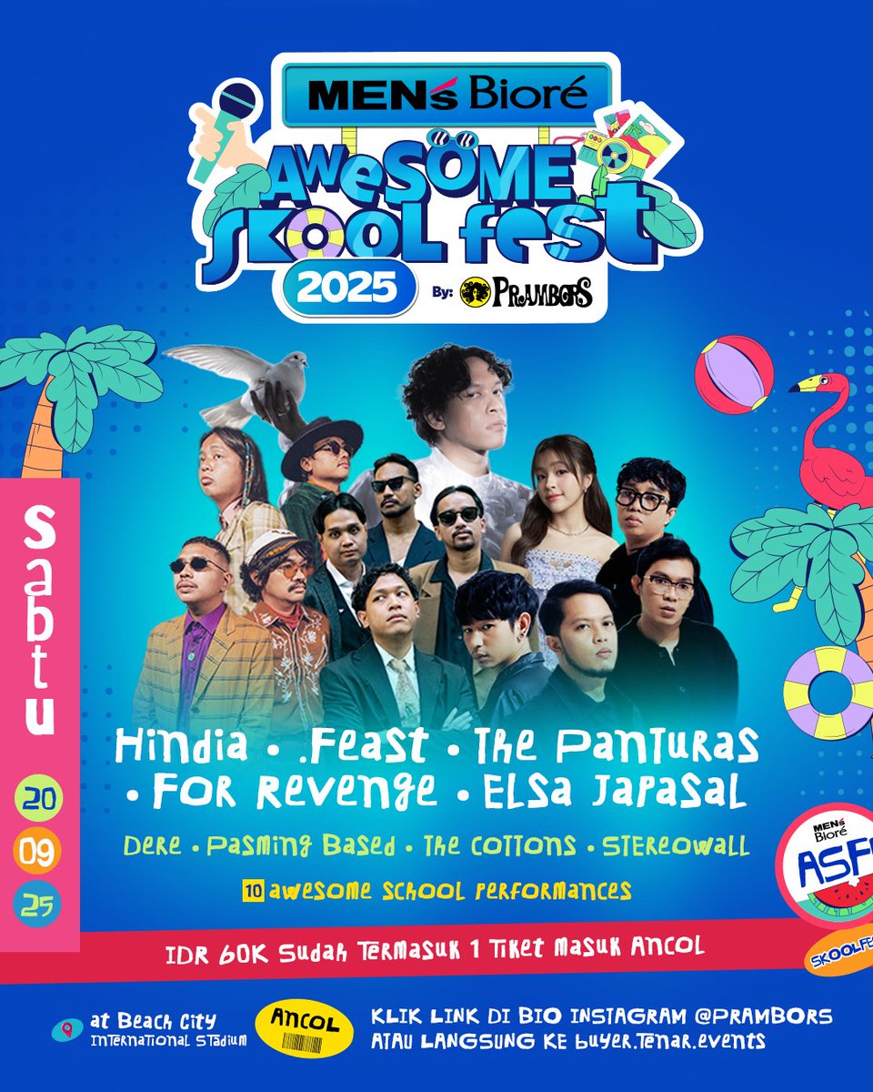 📣 AWESOME SKOOL FEST IS COMING!
📍Ancol Beach City International Stadium, 20 September 2025
🎟️ Tiket cuma 60 RIBU DOANG!

Ticket available only on TENAR atau klik di bio IG @prambors atau mensbiorefestival.id!

Waktunya Puth Abu-abu
#SiapTampilAwesome #AwesomeSkoolFest2025