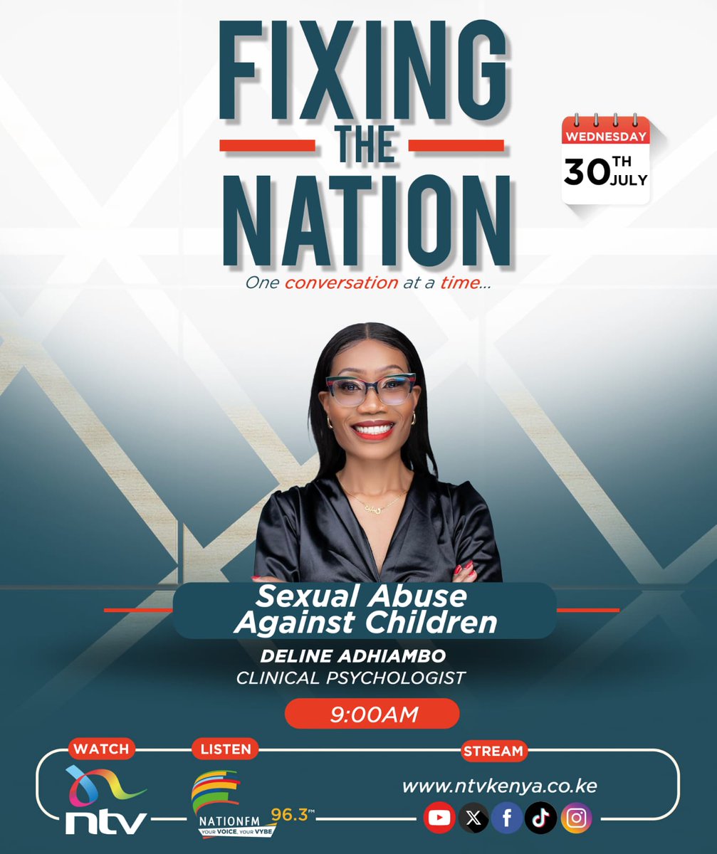 NTV Kenya (@ntvkenya) on Twitter photo Sexual abuse against children.
Clinical Psychologist Deline Adhiambo joins us at 9 AM. #FixingTheNationNTV
Livestream:youtube.com/watch?v=74t097……
<a href="/OfficialJMbugua/">JM Media</a> <a href="/EricLatiff/">Eric Latiff</a> <a href="/MariamBishar/">Nomadic Panda 🐼</a> @NationFm Sexual abuse against children.
Clinical Psychologist Deline Adhiambo joins us at 9 AM. #FixingTheNationNTV
Livestream:youtube.com/watch?v=74t097……
<a href="/OfficialJMbugua/">JM Media</a> <a href="/EricLatiff/">Eric Latiff</a> <a href="/MariamBishar/">Nomadic Panda 🐼</a> @NationFm