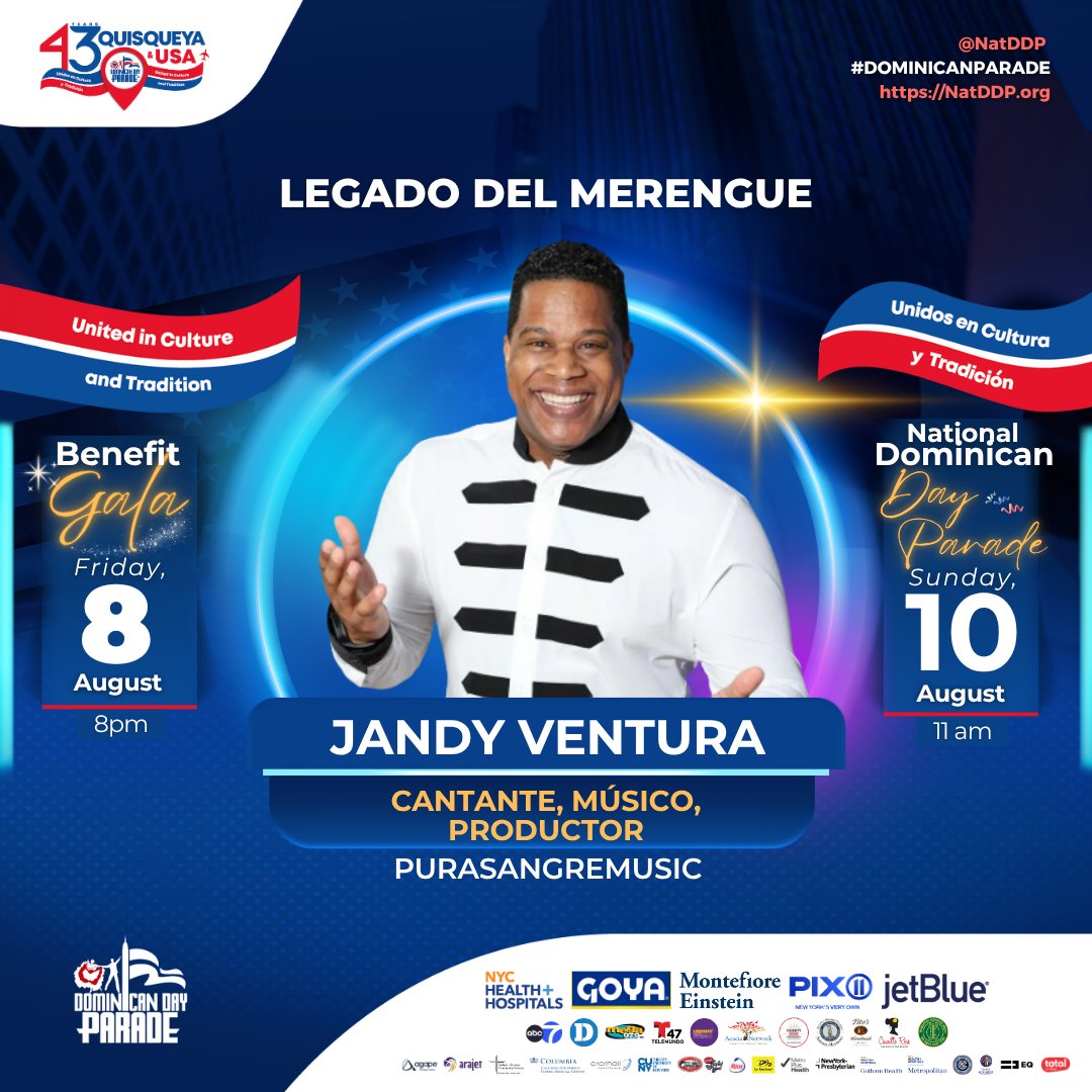 Celebrate 43 yrs of the #DominicanDayParade! 🇩🇴🇺🇸
This year, we proudly recognize Jandy Ventura as our Legado del Merengue 
🎟 Benefit Gala: Aug 8, 8PM – Greentree Country Club
🎉 Parade: Aug 10, 11AM – 6th Ave, NYC
#NatDDP #QuisqueyaAndUSA