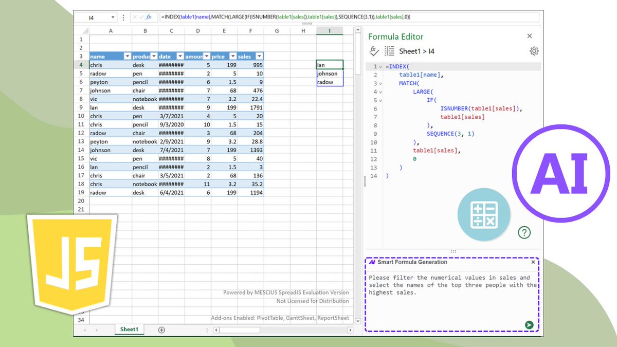 MESCIUS inc. (@mescius_inc) on Twitter photo The Formula Editor in SpreadJS, a JavaScript spreadsheet component, now integrates AI to simplify complex formula tasks. Users can describe what they need or paste an existing formula to receive smart, contextual help—powered by the SpreadJS beta AI add-on.
Check out the online The Formula Editor in SpreadJS, a JavaScript spreadsheet component, now integrates AI to simplify complex formula tasks. Users can describe what they need or paste an existing formula to receive smart, contextual help—powered by the SpreadJS beta AI add-on.
Check out the online