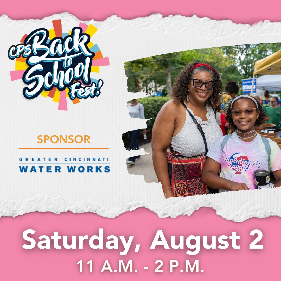 Thank you to our sponsor, Greater Cincinnati Water Works, for keeping us hydrated with a water truck for our August 2, CPS Back-to-School Fest! Join us at Washington Park for free backpacks, food and fun! 

Learn more at: cps-k12.org/all-news/defau…
