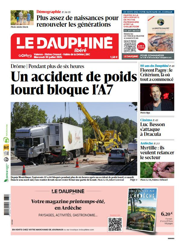 Bonjour,

Voici la Une du jour, consacrée à cet accident qui a paralysé l'A7 plusieurs heures, ce mercredi 🚚

Bonne lecture et bon mercredi !