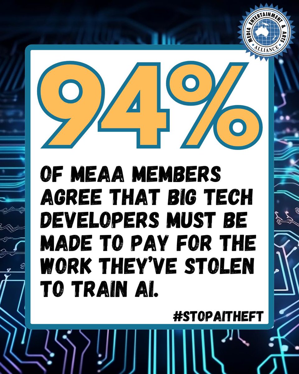 The overwhelming majority of respondents to our AI: Stop the Theft survey believe technology companies, such as Meta, Open AI, and Amazon, should be forced to pay for the work they steal to train their increasingly profitable AI models.

#stopaitheft