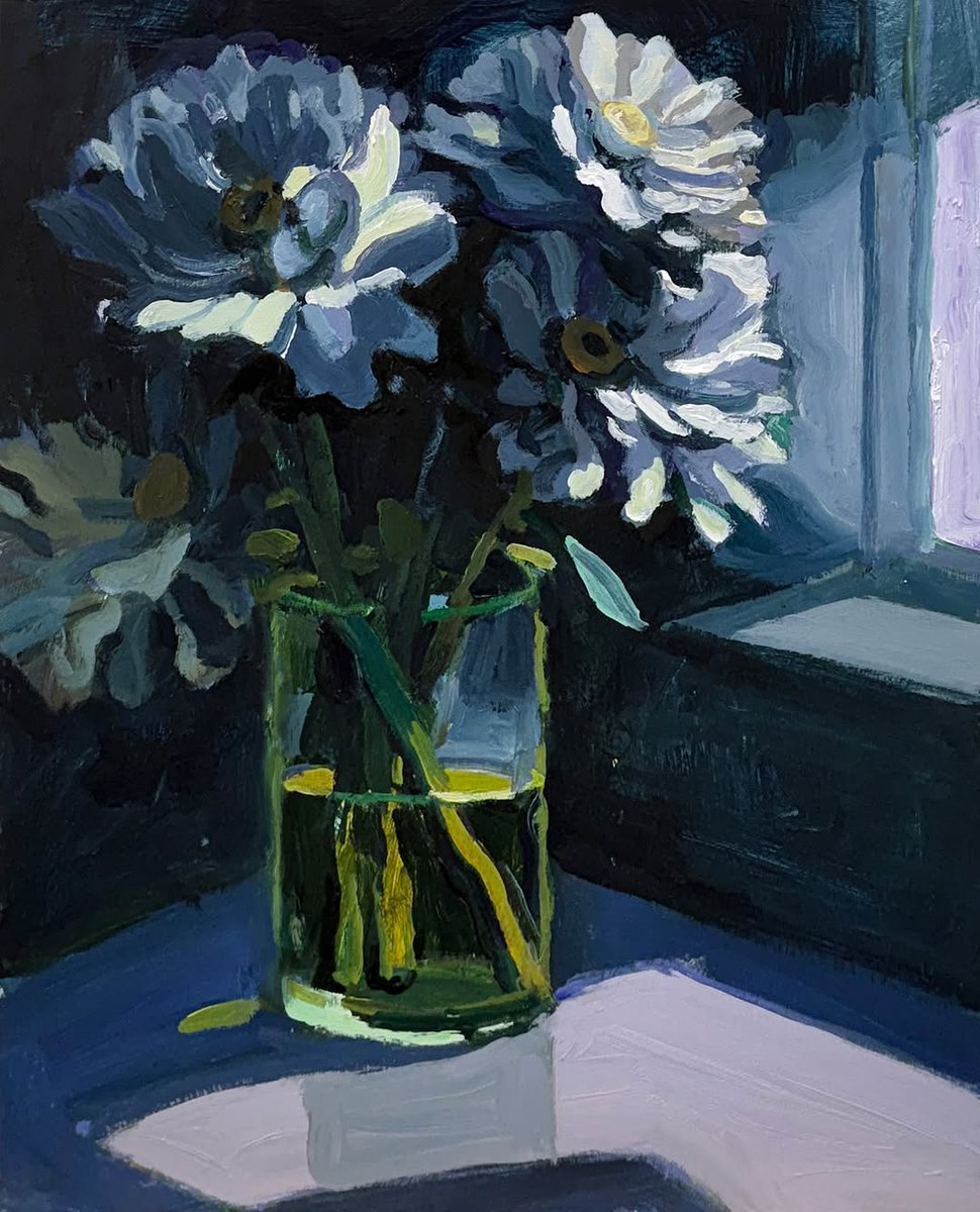 Held in a hush of afternoon light.
A pause. A petal. A breath.

“Zinnias by the Window”, 35X45cm.

🌫️🌸
#StillLifePoetry #QuietLight #PainterlyFlorals #RichardClaremontArt