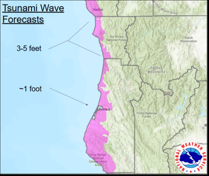 This is the current tsunami wave forecast arriving at 1150 PM PDT. Humboldt Co. is forecast to have a max. tsunami ~1 foot. Del Norte is forecast to have a max. wave height of 3-5 foot. People are advised to stay away from beaches, marinas, and harbors as many waves can arrive.