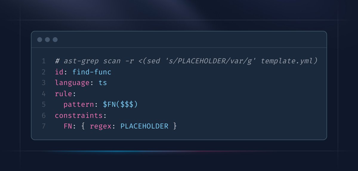 Herrington Darkholme (@hd_nvim) on Twitter photo #ast_grep_trick If you are using a shell, you can write a rule with PLACEHOLDER and fill in values by process substitution.
ππ¬π-π π«ππ© π¬πππ§ -π« <(π¬ππ 'π¬/π©π₯ππππ‘π¨π₯πππ«/π―ππ«/π ' πππ¦π©π₯πππ.π²π¦π₯)
It can make ast-grep rule dynamic and parameterized! #ast_grep_trick If you are using a shell, you can write a rule with PLACEHOLDER and fill in values by process substitution.
ππ¬π-π π«ππ© π¬πππ§ -π« <(π¬ππ 'π¬/π©π₯ππππ‘π¨π₯πππ«/π―ππ«/π ' πππ¦π©π₯πππ.π²π¦π₯)
It can make ast-grep rule dynamic and parameterized!