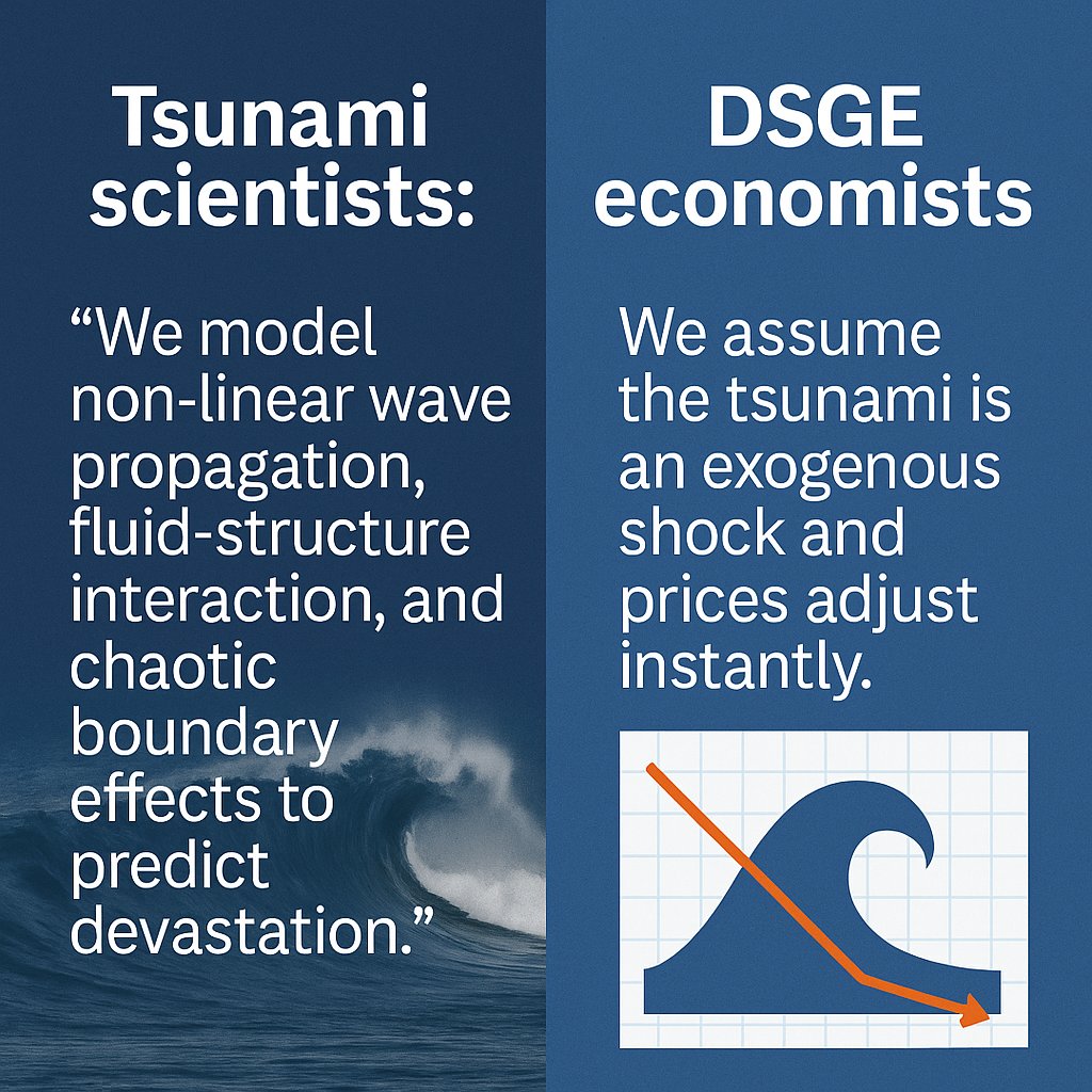 Tsunami scientists: "We model non-linear wave propagation, fluid-structure interaction, and chaotic boundary effects to predict devastation."

DSGE economists: "We assume the tsunami is an exogenous shock and prices adjust instantly."