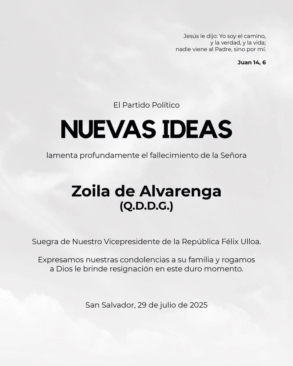 Expresamos nuestro más sentido pésame a Nuestro Vicepresidente de la República, Dr. Félix Ulloa, por el sensible fallecimiento de su suegra.

Nos unimos en oración con su estimada familia en este momento de profundo dolor, deseando que encuentren consuelo y fortaleza ante tan