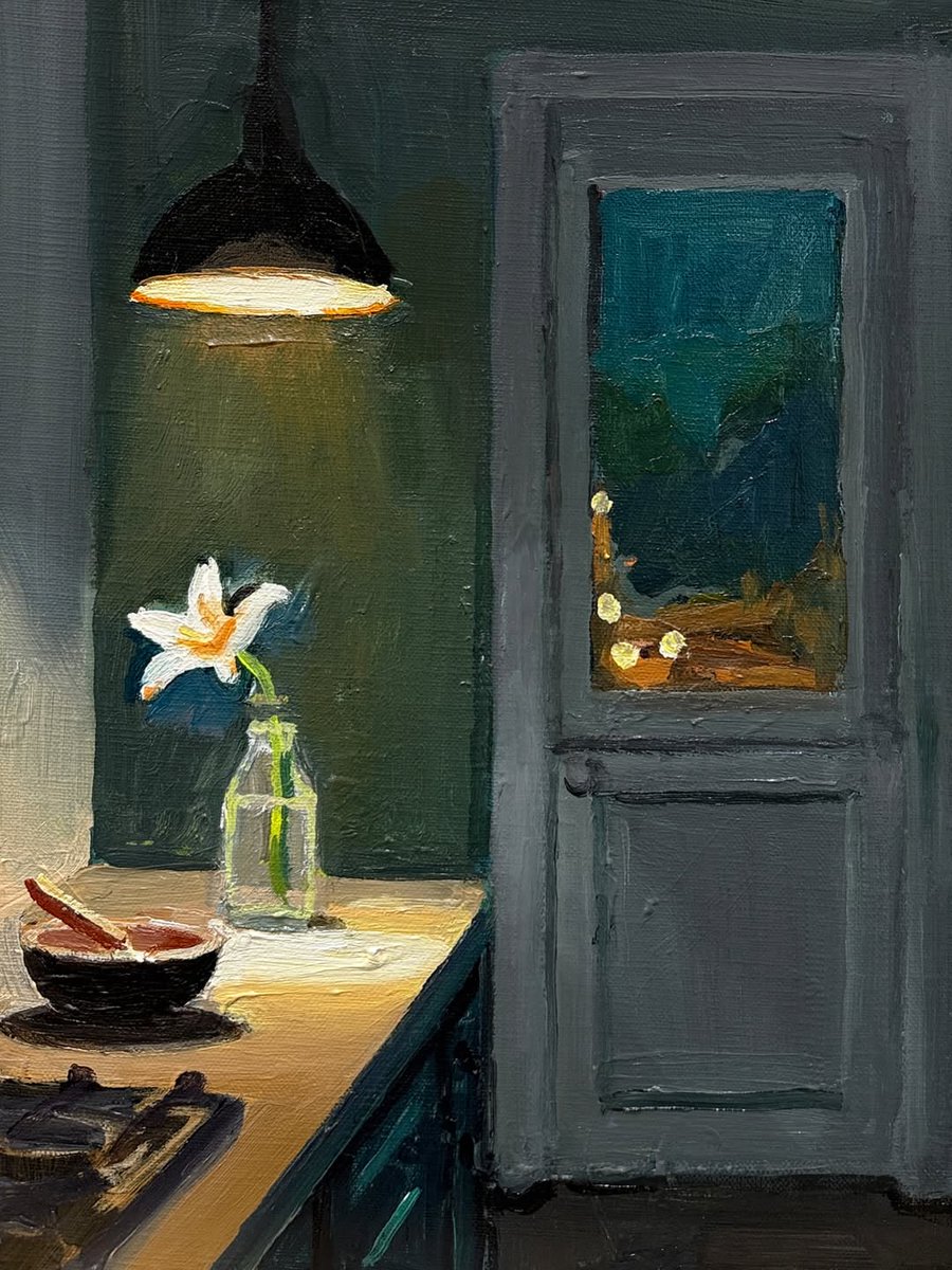 She never turned off the kitchen light.
Not out of forgetfulness exactly.
More like an unspoken agreement—
that if he ever changed his mind,
he’d know the way home.

“Unspoken”, 25X35cm 🌙🪟

#MoodyInterior #StoryInPaint #RichardClaremontArt #DomesticScene