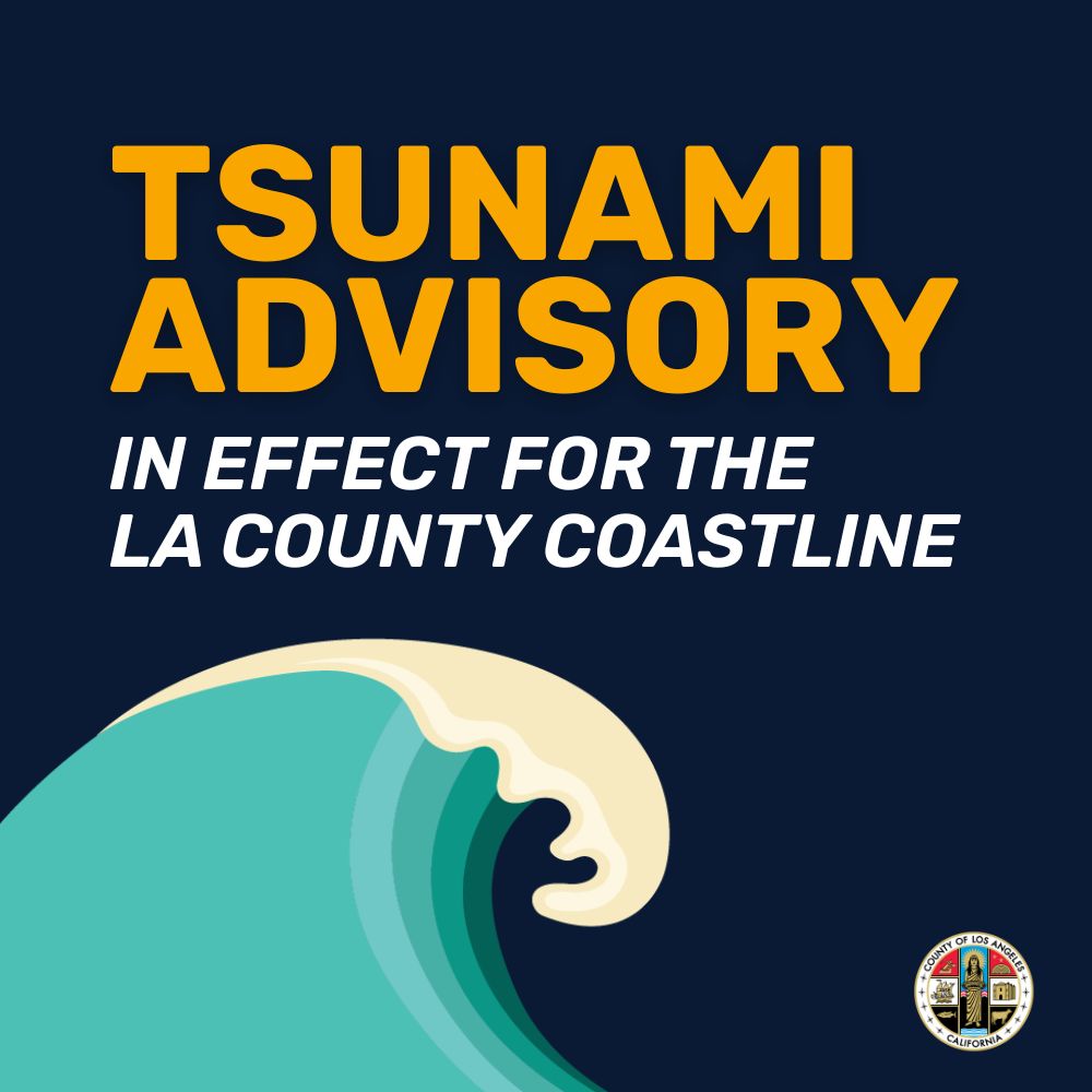 CountyofLA's tweet image. A tsunami advisory is in effect for LA County with expected impacts to beaches, harbors &amp;amp; ports beginning around 1 am on Wed. July 30. Residents should stay away from beaches &amp;amp; waterways, due to strong currents &amp;amp; waves in or near coastal waters. Read more: content.govdelivery.com/accounts/CALAC…