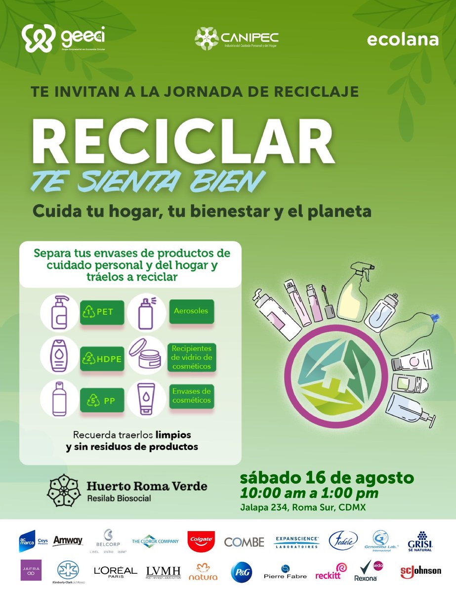 <a href="/canipecmx/">Canipec MX</a> #GEECIEconomíaCircular y <a href="/ecolanamx/">Ecolana</a>  te invitan a la 𝐉𝐨𝐫𝐧𝐚𝐝𝐚 𝐝𝐞 𝐀𝐜𝐨𝐩𝐢𝐨 𝐑𝐄𝐂𝐈𝐂𝐋𝐀𝐑 𝐓𝐄 𝐒𝐈𝐄𝐍𝐓𝐀 𝐁𝐈𝐄𝐍, un importante evento del sector de cuidado personal y del hogar. Este próximo 𝘀𝗮𝗯𝗮𝗱𝗼 16 𝗱𝗲 𝗮𝗴𝗼𝘀𝘁𝗼 10𝗮𝗺.