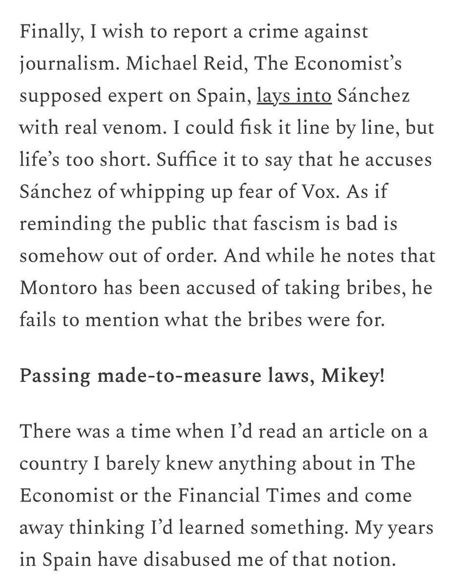 Joe Haslam ☘ 🇪🇺 (@joehas) on Twitter photo Cross post from <a href="/bluesky/">bluesky</a>, Éamann <a href="/MacDonnchada/">The Almagro School Lurker Account</a> reports a crime against journalism perpetrated by The Economist.
I made broadly the same accusation several days ago, you can read the post by Éamann in full here.
macdonnchada.substack.com/p/sanchez-stil…
Quite why it bothers two Irishmen so much Cross post from <a href="/bluesky/">bluesky</a>, Éamann <a href="/MacDonnchada/">The Almagro School Lurker Account</a> reports a crime against journalism perpetrated by The Economist.
I made broadly the same accusation several days ago, you can read the post by Éamann in full here.
macdonnchada.substack.com/p/sanchez-stil…
Quite why it bothers two Irishmen so much