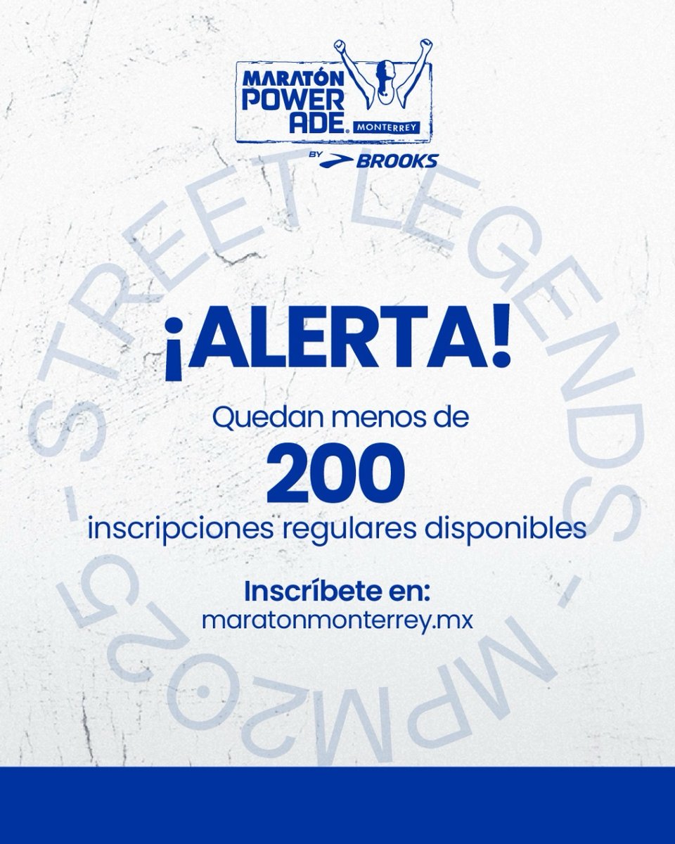 Si todavía no aseguras tu lugar en el #MPM25, ¡este es el momento! 🏃

🏁 Corre a nuestro sitio web y únete a los miles de corredores que ya están listos para hacer historia.

Inscríbete en ➡ maratonmonterrey.mx
