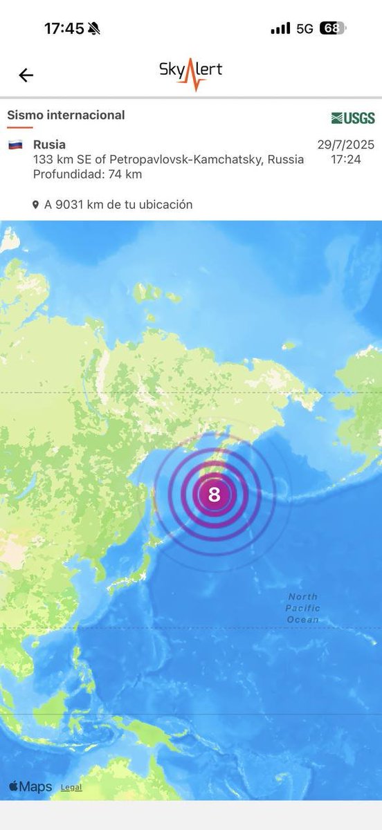 SkyAlertMx's tweet photo. Sismo magnitud preliminar 8.0 con epicentro en la Península de Kamchatka, #Rusia.

🔸Posible tsunami en la región.
🔸 Posibles daños en comunidades cercanas.
🔸Desde el 12 de agosto de  2021, no se habían registrado sismos de magnitudes igual o superior a 8.0 en el mundo. https://t.co/4qYYkhDAfH