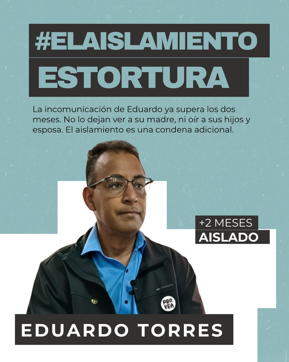 ⚖️ Eduardo Torres, abogado defensor de derechos humanos, lleva 80 días incomunicado.
No hay información oficial sobre su salud ni paradero dentro de El Helicoide.

#ElAislamientoEsTortura