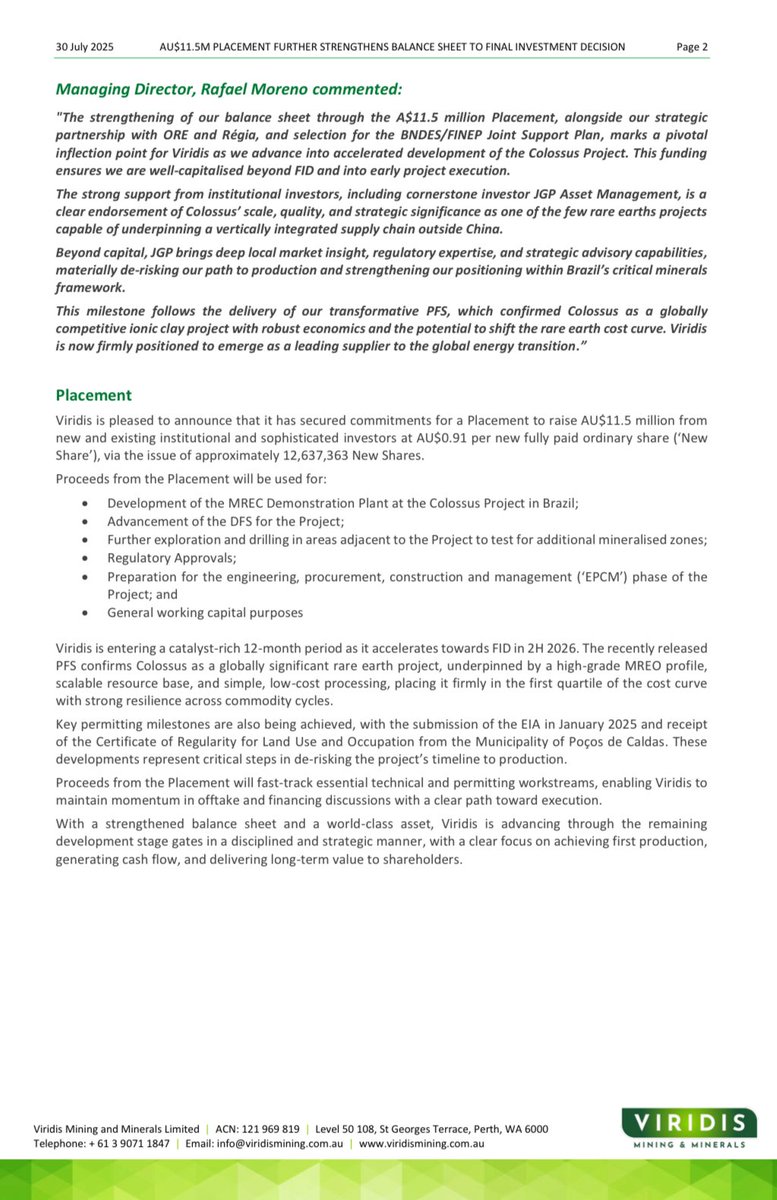 Viridis Mining and Minerals $VMM pleased to announce “ A $11.5M Placement Further Strengthens Balance Sheet of Final Investment Decision - Well Capitalised with Funding Support up to ~AU$58.5 Million”

ASX Announcement:
wcsecure.weblink.com.au/pdf/VMM/029712…

#Viridis #VMM #TeamViridis