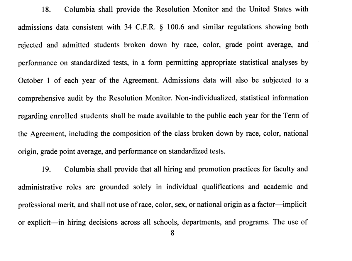 I'm reading the settlement the Trump administration did the Columbia, and it ends DEI and race-based discrimination in admissions and hiring. (Looks solid to me.) 

Will post the full settlement below.