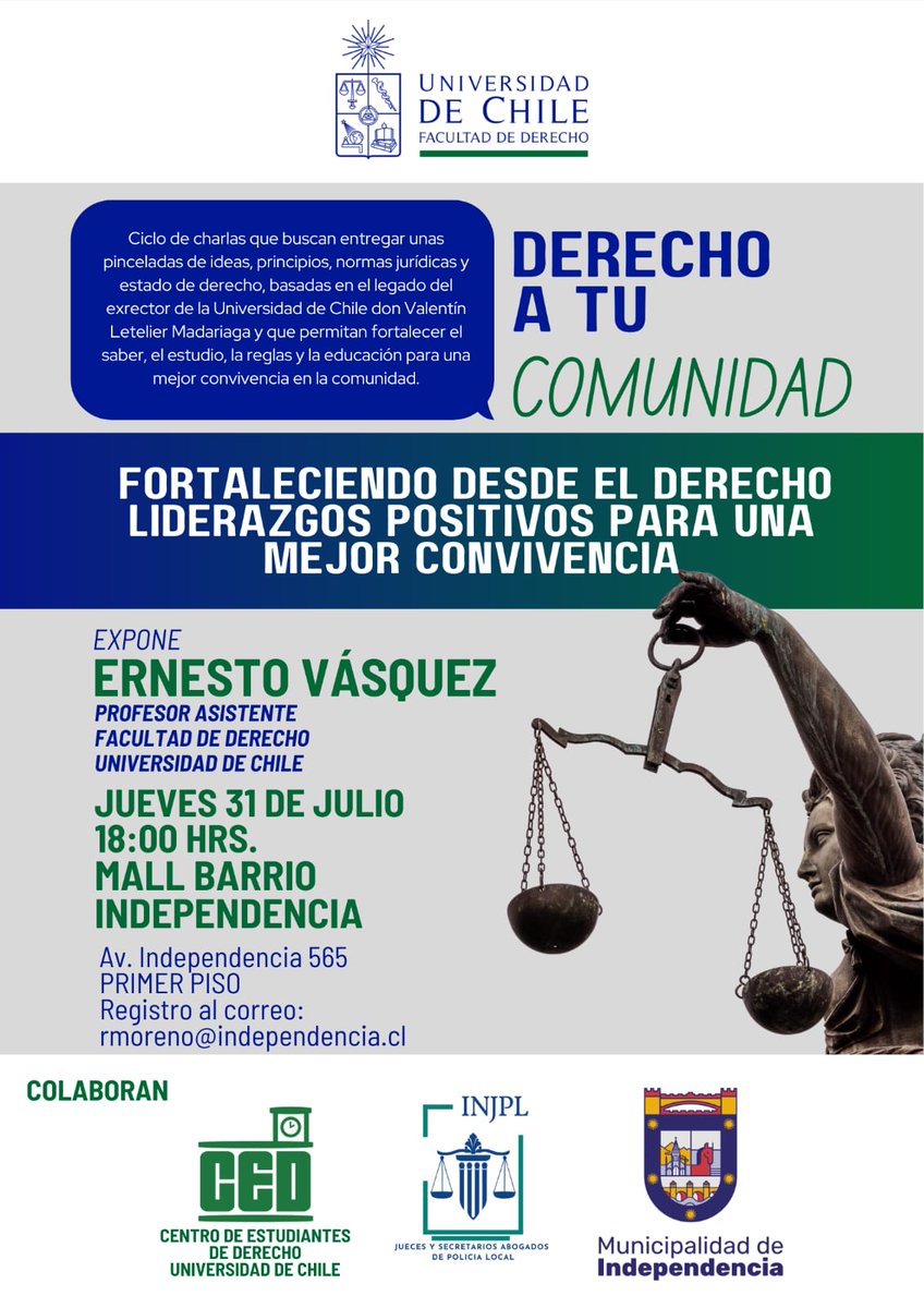 Este jueves 31 de julio, a partir de las 18 horas, en el marco de las charlas "Derecho a tu Comunidad", en el <a href="/MallBarrioIndep/">Mall Barrio Independencia</a>, conversatorio sobre liderazgos positivos para una mejor convivencia. Expone el JPL <a href="/etovas/">Ernesto Vásquez</a>. Colaboran <a href="/ced_uchile/">CED</a>, @Muni_Inde y el <a href="/JPLNacional/">INJPL</a>.