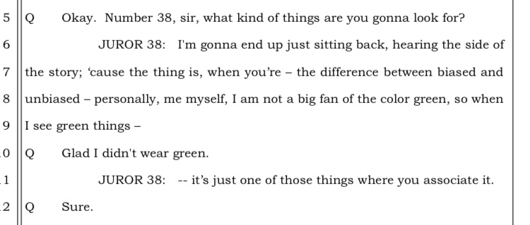 deblanc_jenna's tweet image. For juror 38, it’s the color green. He’s not a fan. 🤣

#delphi