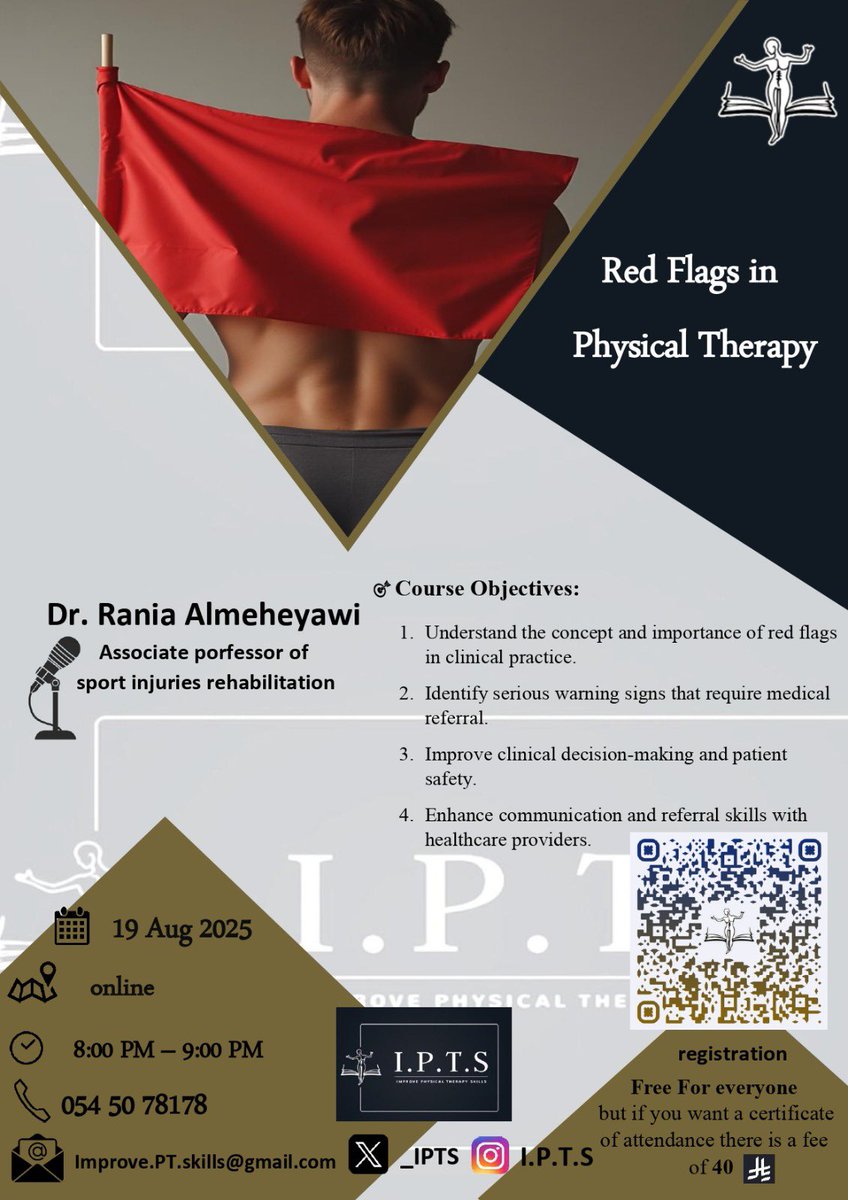 🛑 Red Flags in Physical Therapy
هل تميز بين الألم العادي والإشارات الخطيرة؟
تعلّم كيف تحمي مريضك... وتحمي نفسك كأخصائي.
🎯 دورة مجانية مخصصة لأخصائيي العلاج الطبيعي لفهم العلامات التحذيرية في الحالات العضلية والعصبية.
🔍 محاور الدورة:
1.فهم مفهوم وأهمية العلامات التحذيرية (Red